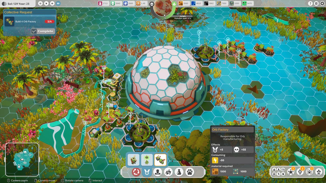 BioEden gameplay screenshot showing the biodome, orb factory and supply network on a hex grid
