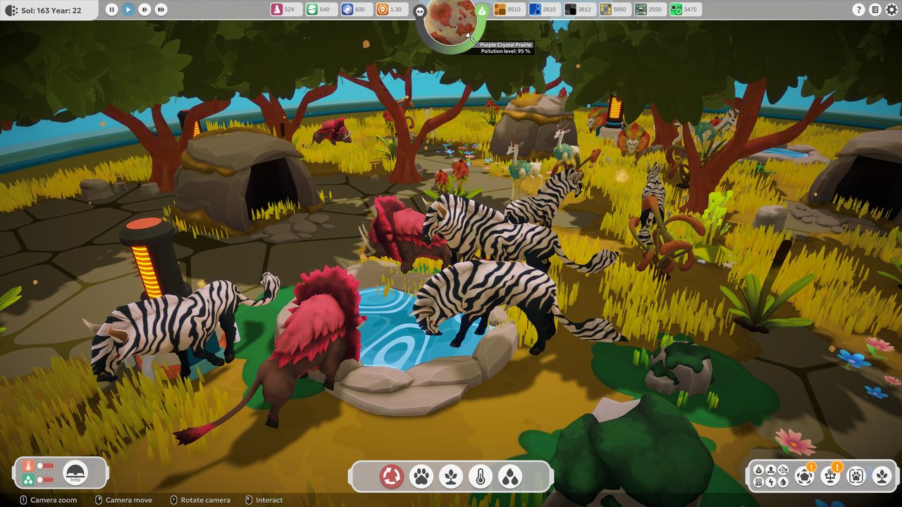 BioEden screenshot of restored zebra-like species drinking at a water hole inside a dome