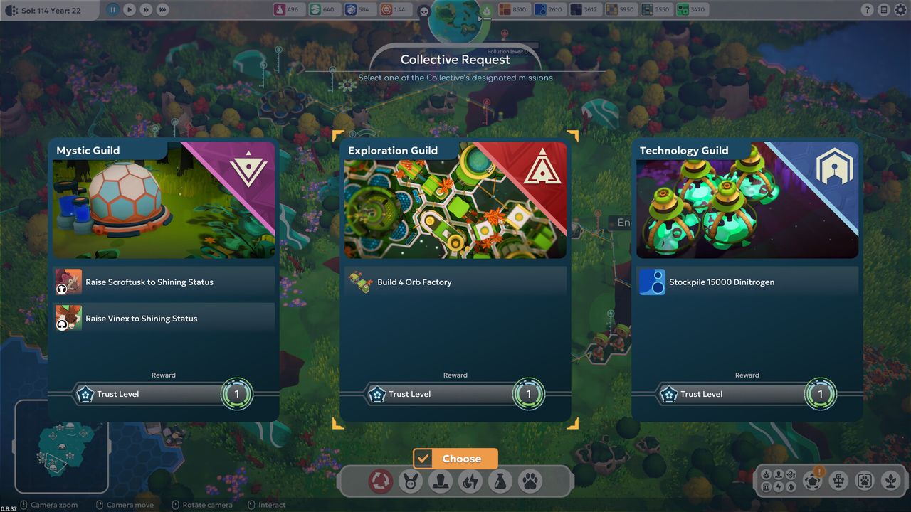 BioEden screenshot of the Collective Request screen with the Mystic, Exploration and Technology Guilds