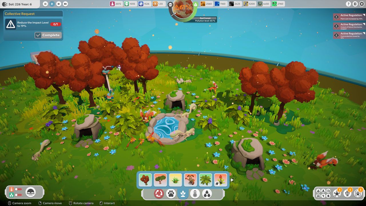 BioEden screenshot of a red forest biome with a pond, caves and vegetation tools