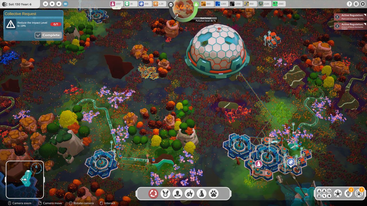 BioEden screenshot of a dome and blue energy structures in a dark red forest at high pollution