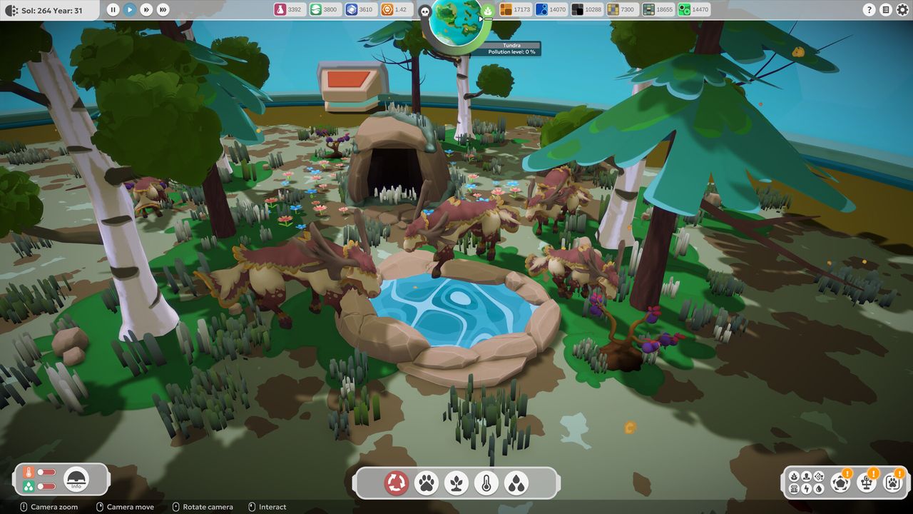 BioEden screenshot of tundra creatures gathered around a pool beneath birch trees